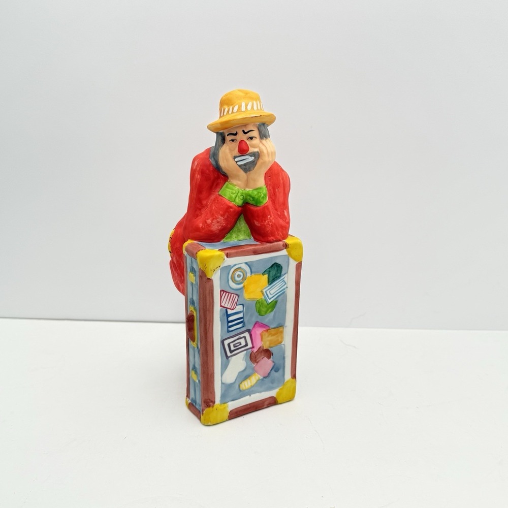 Vintage Emmett Kelly Jr. Sad Clown Figurine by Flambro Colorful Trunk 8"x3" EUC